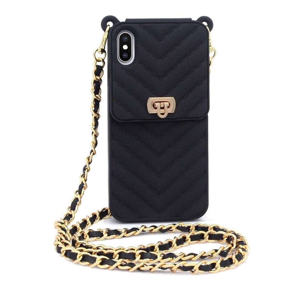 for iPhone XR Wallet Case with Neck Strap Crossbody Chain Credit Card Holder ...